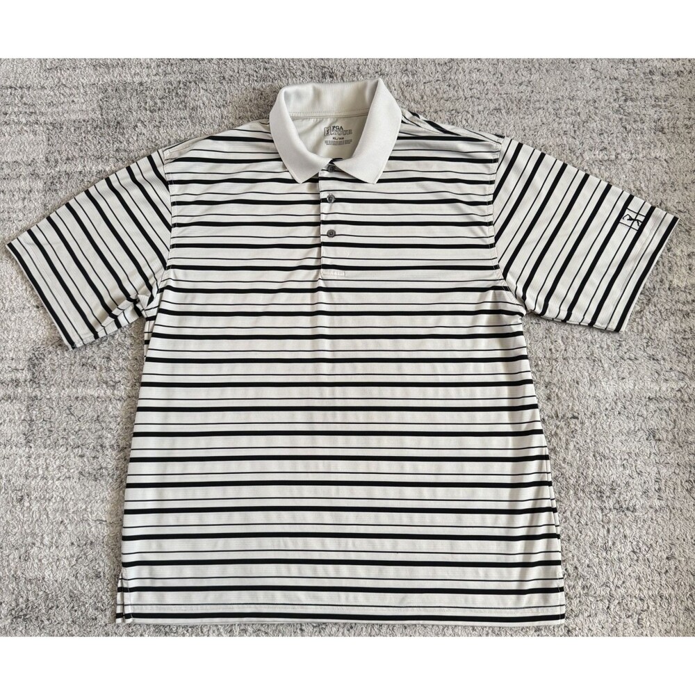 PGA TOUR Men XL Golf Polo Shirt White Black Striped Performance Short Sleeve